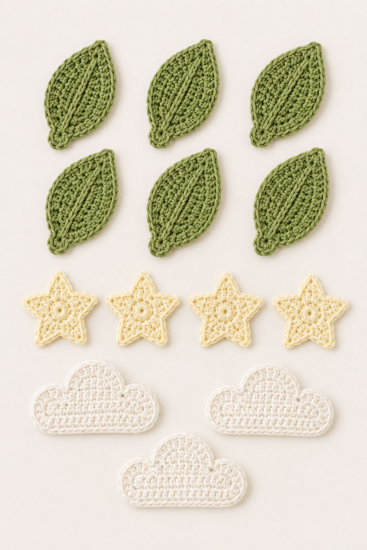Crochet leaves stars and clouds for safari baby mobile accents