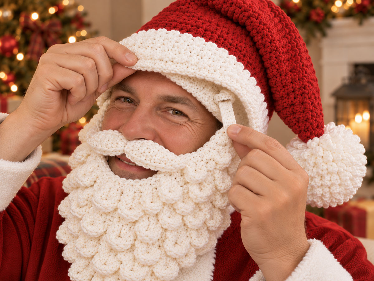 Close view under the white crochet Santa hat brim showing one narrow beard attachment tab passing through a discreet crocheted loop without buttons or hardware