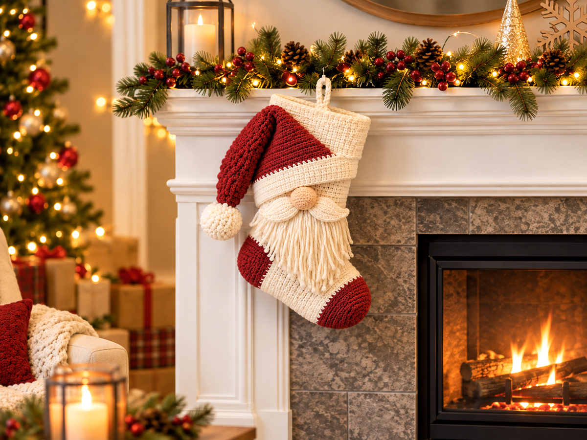 Finished crochet Santa face stocking with diagonal cranberry-red hat, white brim, round nose, drooping mustache, long ivory yarn beard and red heel and toe
