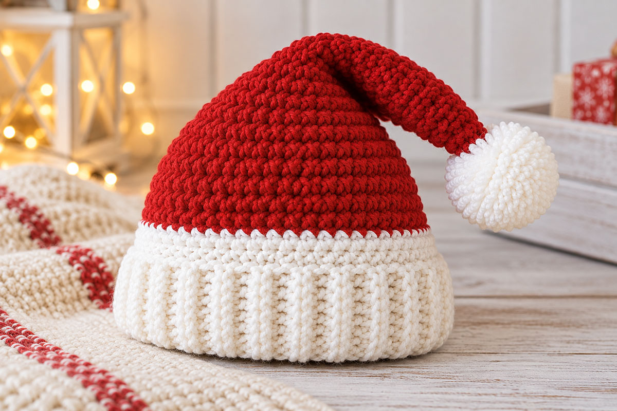 Finished baby crochet Santa hat from a second angle showing the vertical white ribbed cuff smooth white transition band and shaped red crown