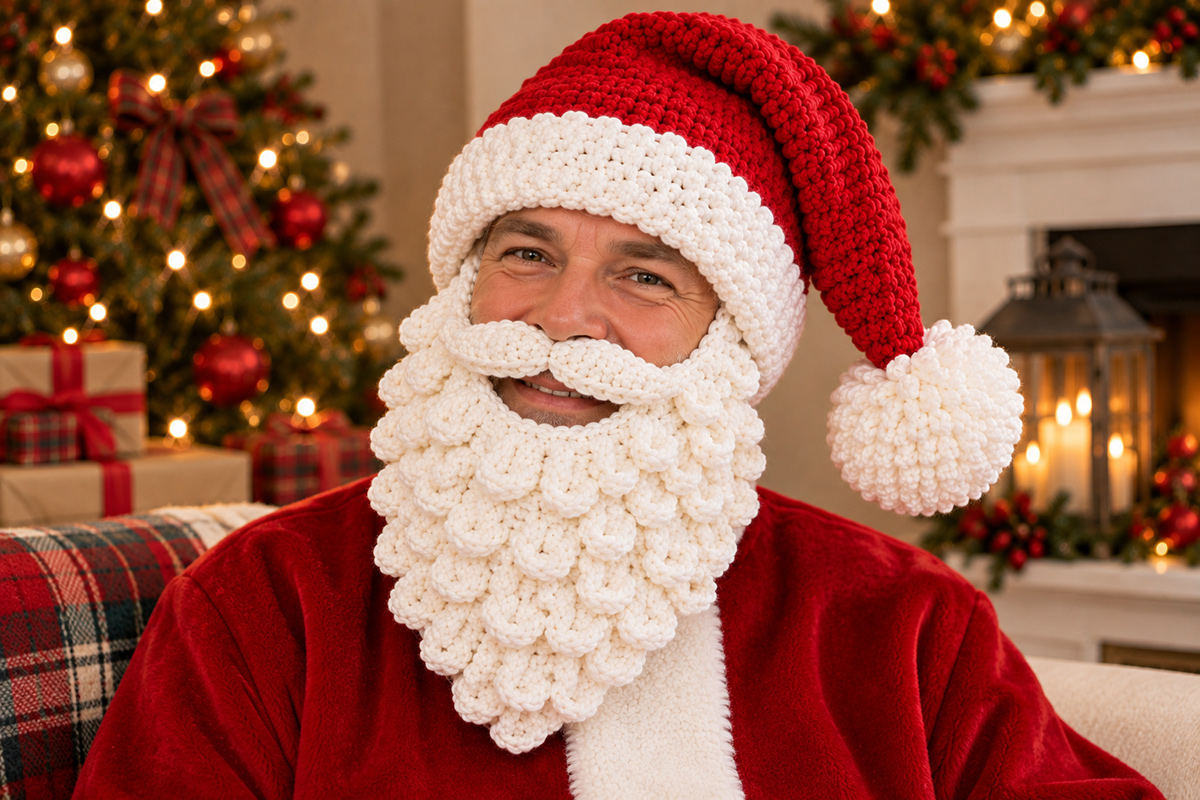 Adult wearing a crochet Santa hat with thick white brim and detachable layered white crochet beard