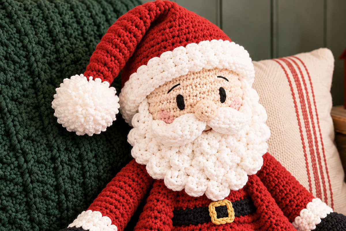 Finished crochet Santa lovey showing the layered white scalloped beard embroidered face and long red Santa hat