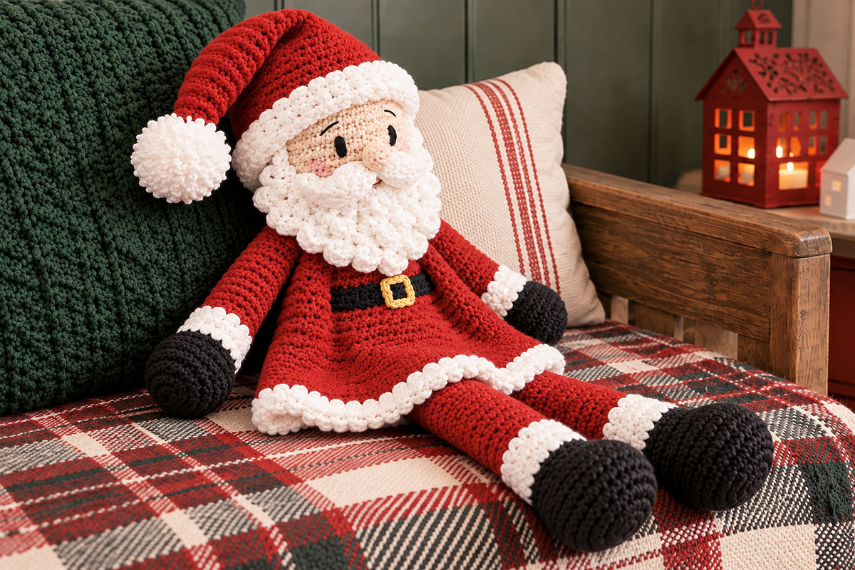 Finished crochet Santa lovey from a slight side angle showing the flared red tunic long soft legs black boots mittens and drooping Santa hat