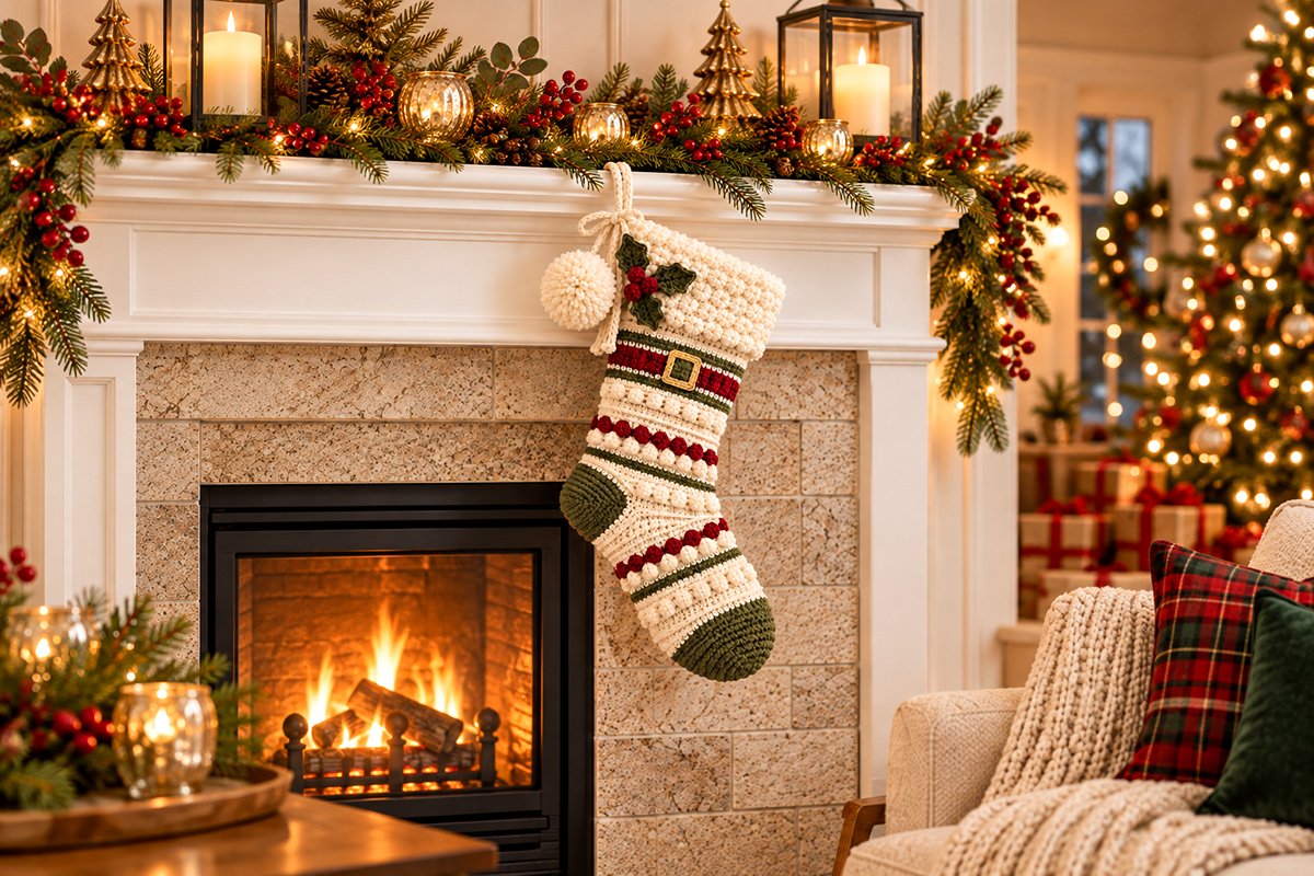 Chunky crochet Santa stocking with oatmeal textured body fluffy ivory cuff olive green heel and toe cranberry stripes holly leaves oversized pom pom and Santa belt buckle