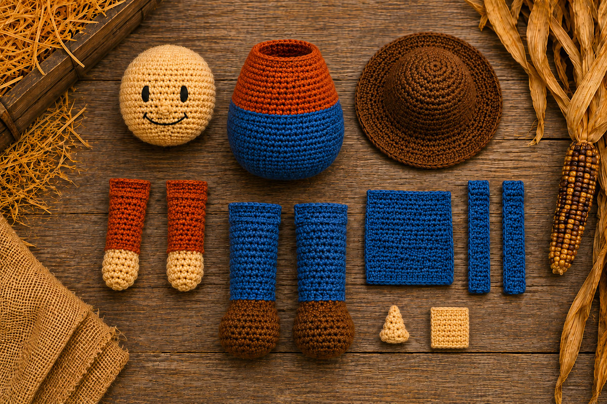 Crocheted scarecrow head body arms legs hat overall bib straps nose and hat patch arranged before assembly