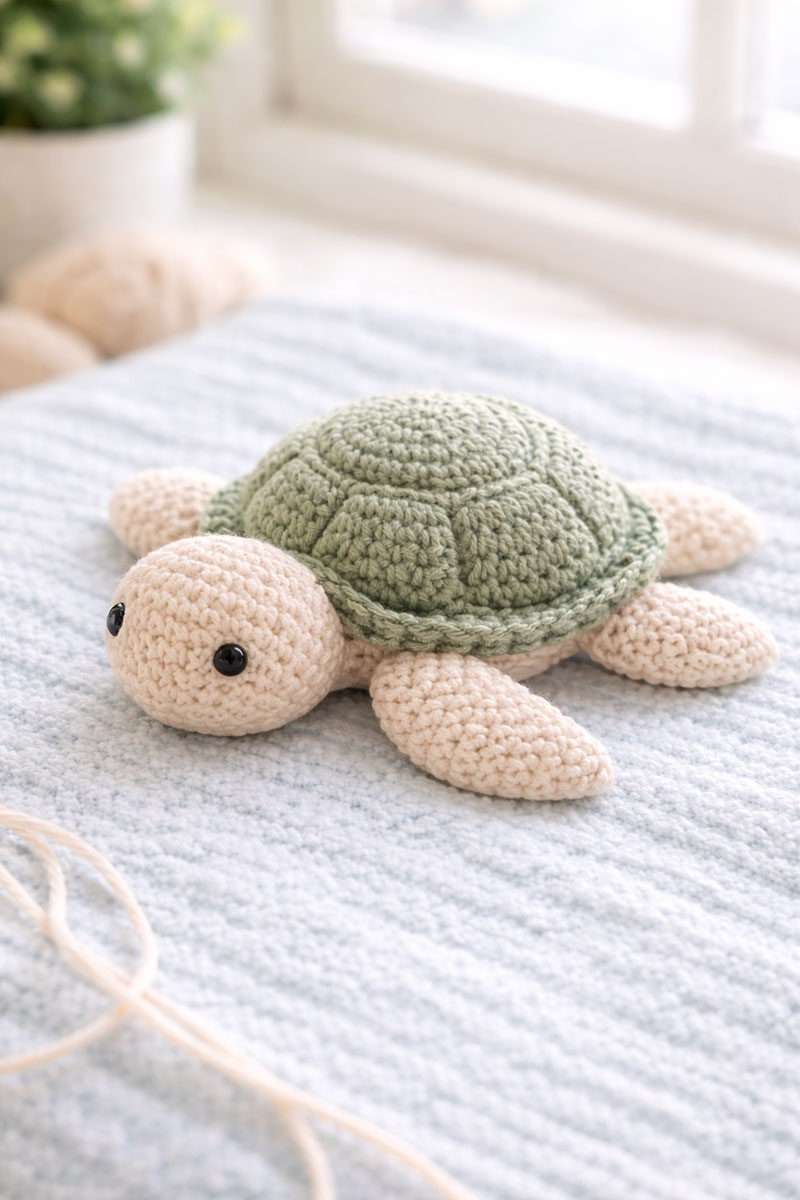 Finished crochet sea turtle resting flat with low shell and balanced flippers