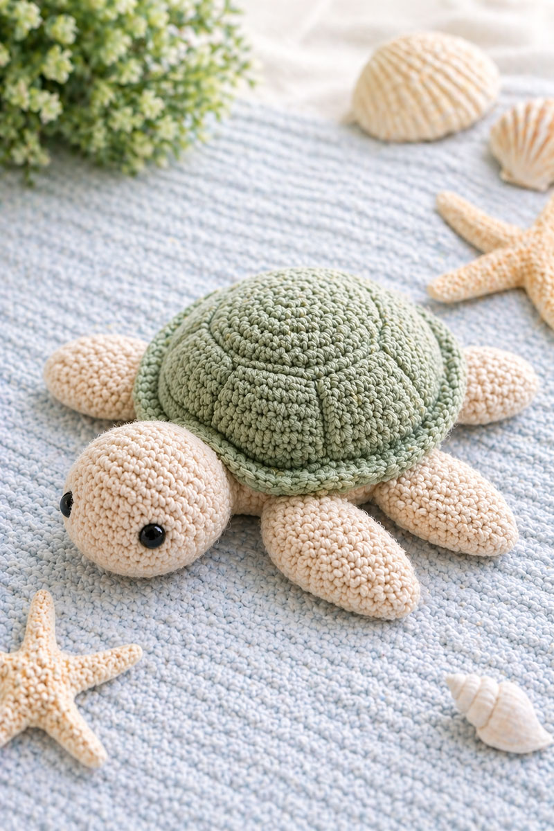 Crochet sea turtle pattern finished as a soft handmade amigurumi turtle with shaped flippers and shell detail