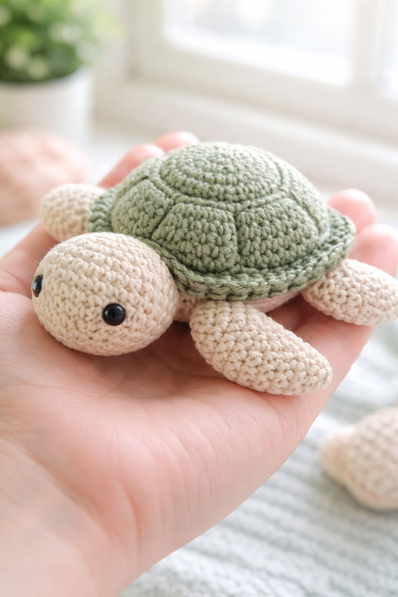 Close-up of crochet sea turtle shell showing tight stitch structure and low profile shape