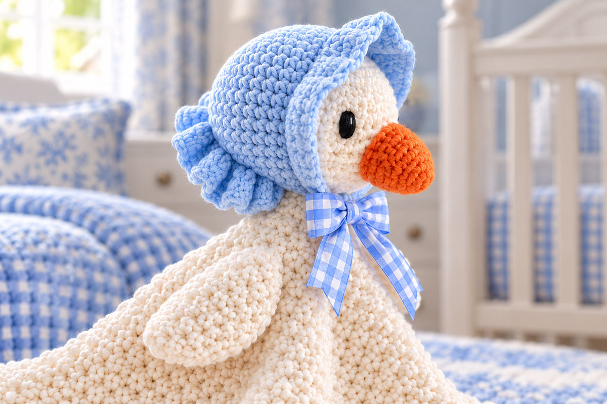 Side view of pale blue crochet bonnet on the Silly Goose lovey showing the lifted face-framing brim and small gathered back skirt