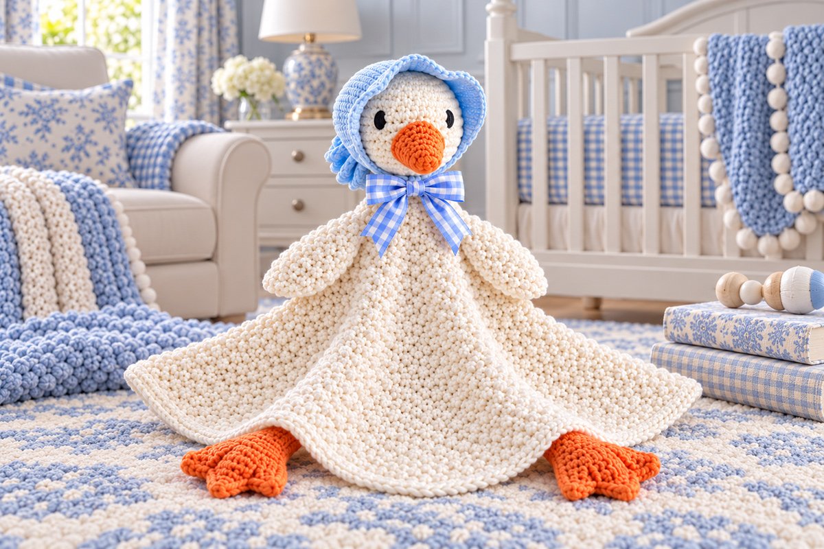White crochet Silly Goose baby lovey with embroidered black satin-stitch eyes, orange bill and webbed feet, pale blue crochet bonnet and fixed periwinkle gingham bow beneath the chin