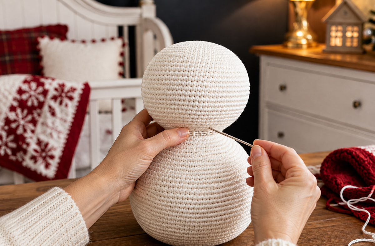 Crochet snowman assembly with the finished white head centered on the body while it is sewn securely in place