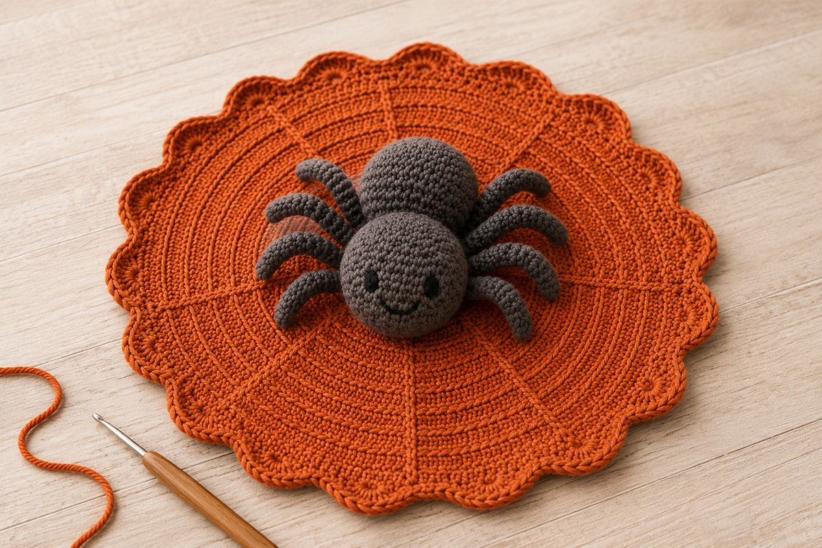 Eight crocheted spider legs arranged evenly along both sides of a stuffed amigurumi spider body before final sewing
