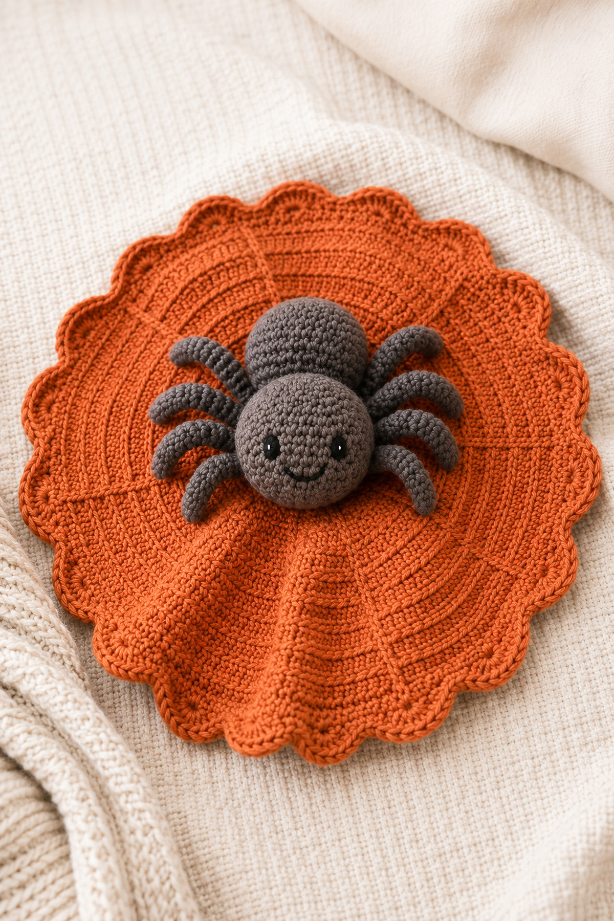 Friendly crochet spider lovey with eight crocheted legs, embroidered open eyes and a textured Halloween blanket