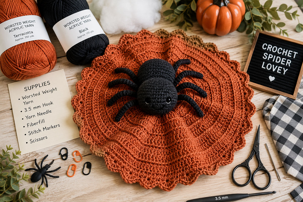 Worsted-weight yarn, crochet hooks, black embroidery floss, fiberfill and tools arranged for a crochet spider lovey pattern