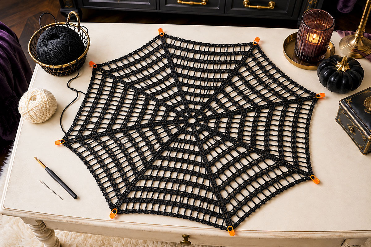 Partially completed spiderweb crochet blanket laid flat with eight marked corner spaces and open mesh rounds radiating from the center