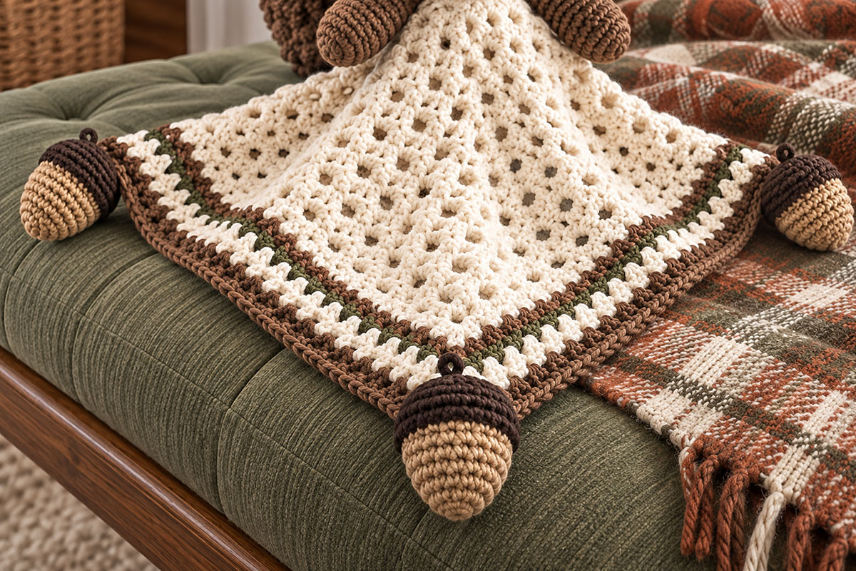 Cream woodland squirrel lovey blanket with tan and dark brown crochet acorns securely attached at the corners