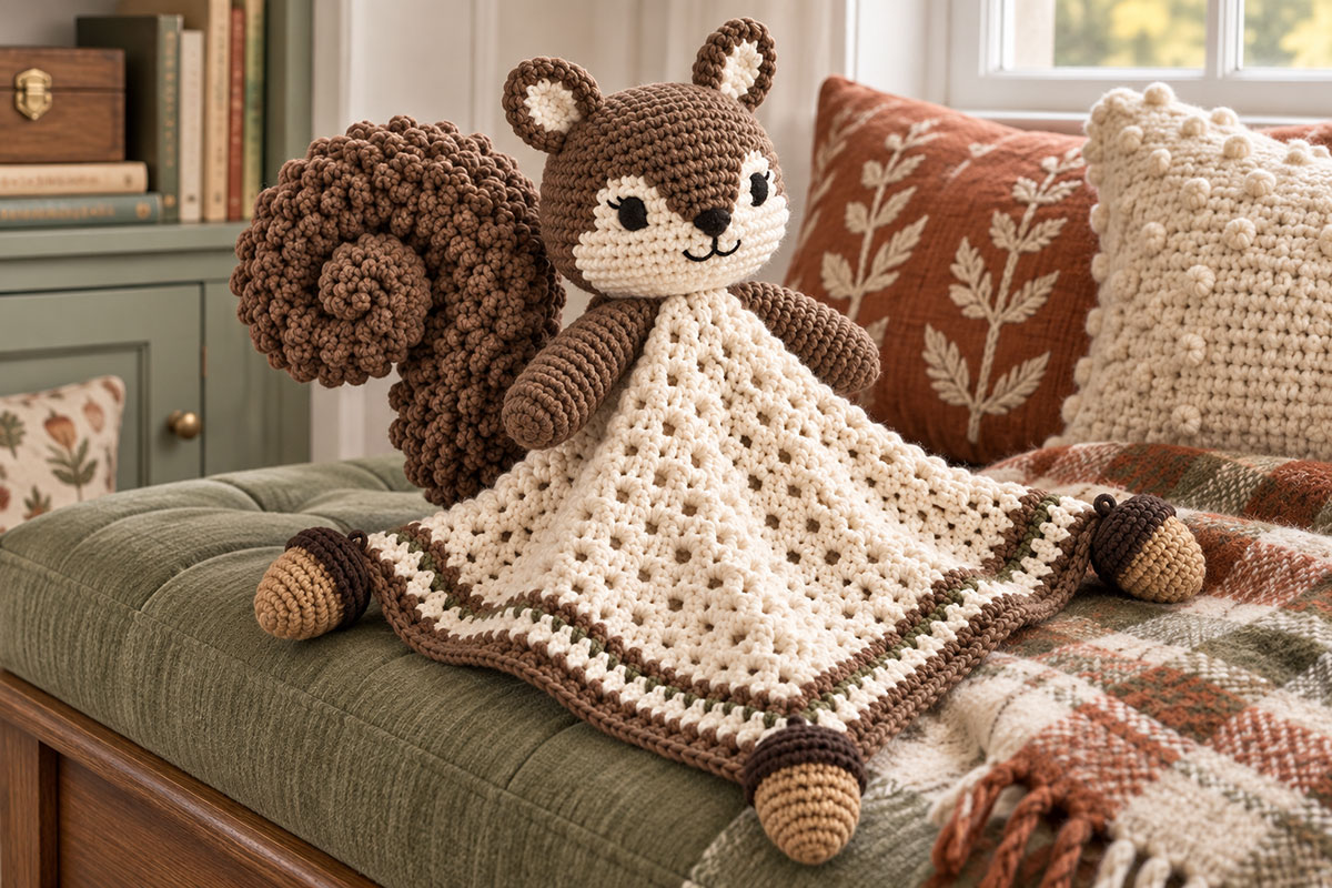 Brown crochet squirrel lovey showing the large textured curly tail and embroidered face details