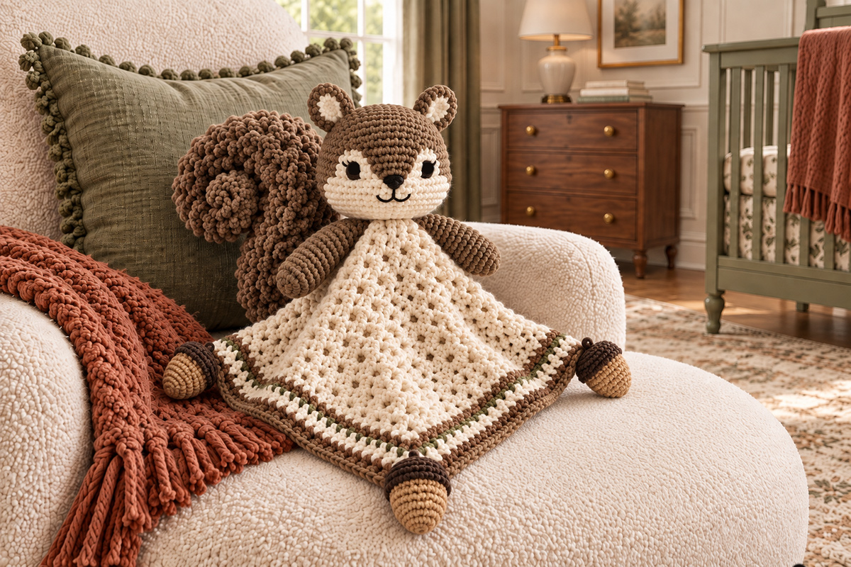 Crochet squirrel lovey with a large curled tail and coordinating crochet acorns for a woodland nursery