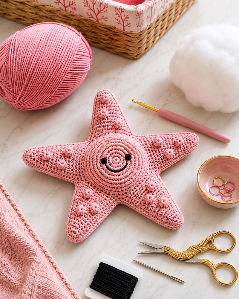 crochet starfish lovey pattern supplies with cotton yarn and crochet hook