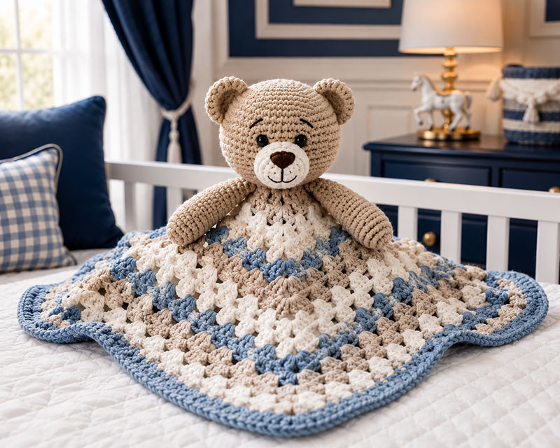 Crochet teddy bear lovey pattern for a handmade baby nursery gift
