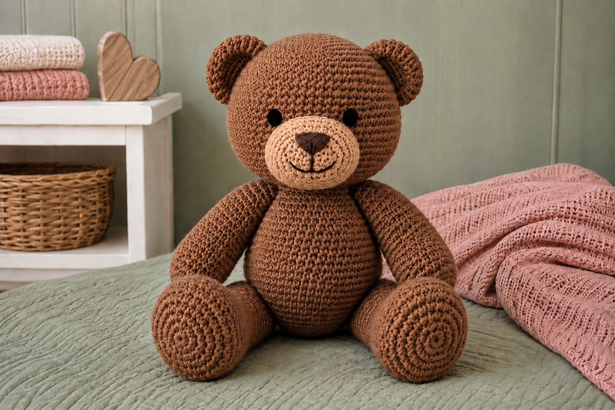 Classic brown crochet teddy bear with rounded ears shaped muzzle larger paws and embroidered eyes nose and mouth