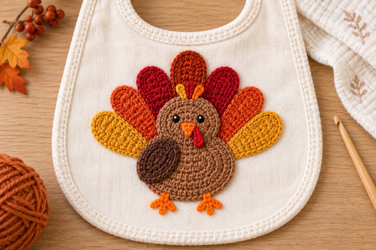 Crochet turkey applique on a cream baby bib with embroidered eyes, seven graduated tail feathers, orange feet and a dark brown wing