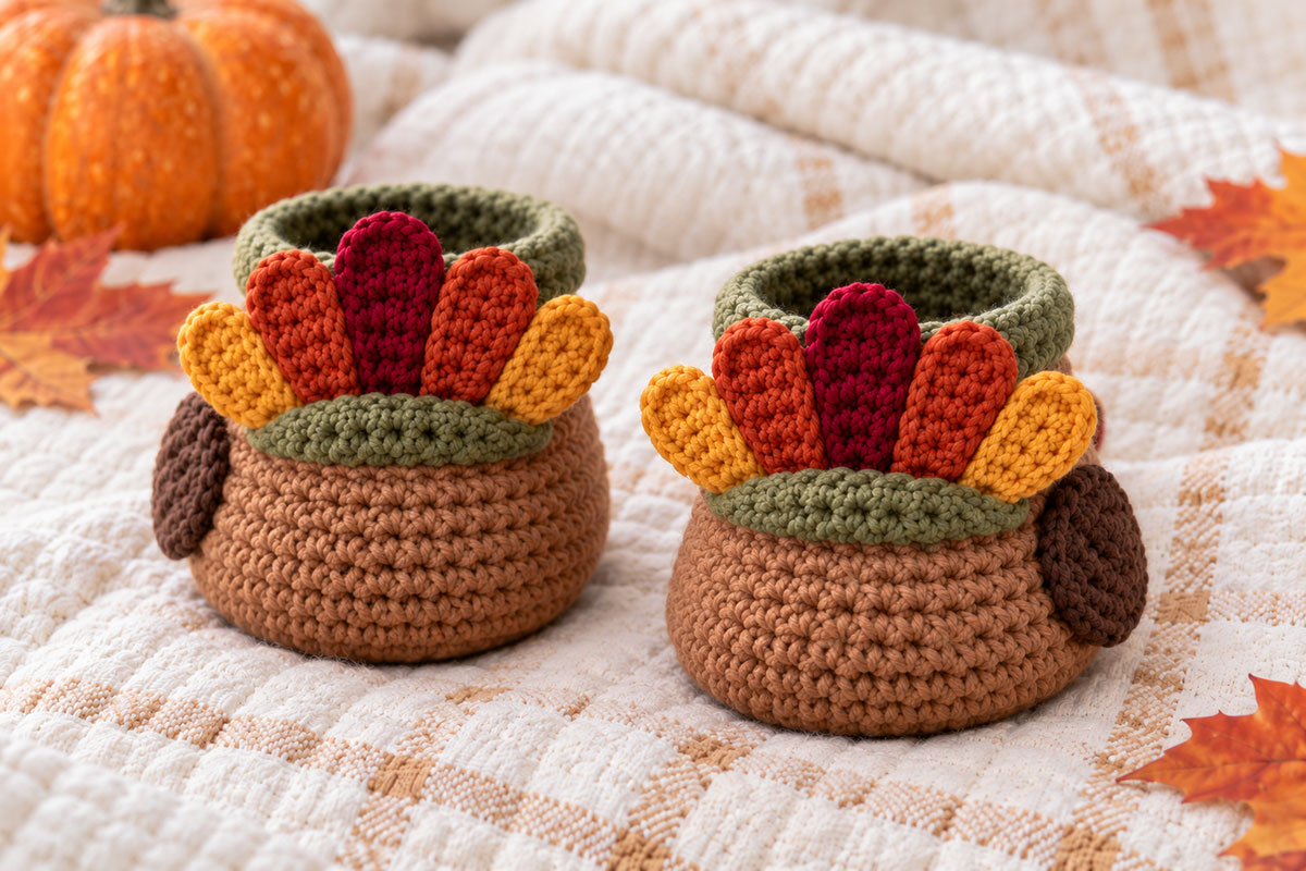 Back view of crochet turkey baby booties showing five graduated tail feathers in mustard rust and burgundy