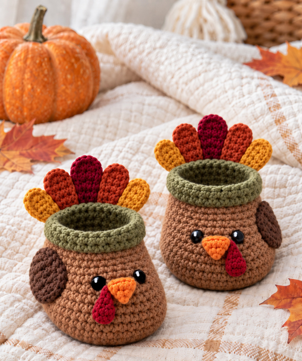 Crochet turkey baby booties with colorful fall feathers for a handmade Thanksgiving baby outfit