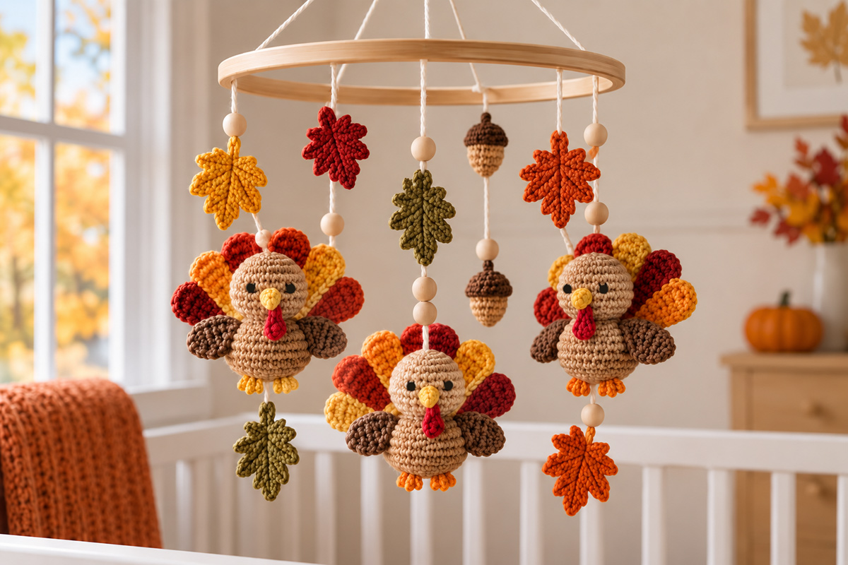 Crochet turkey baby mobile with handmade turkeys fall leaves and warm harvest colored hanging pieces on a wooden nursery mobile ring
