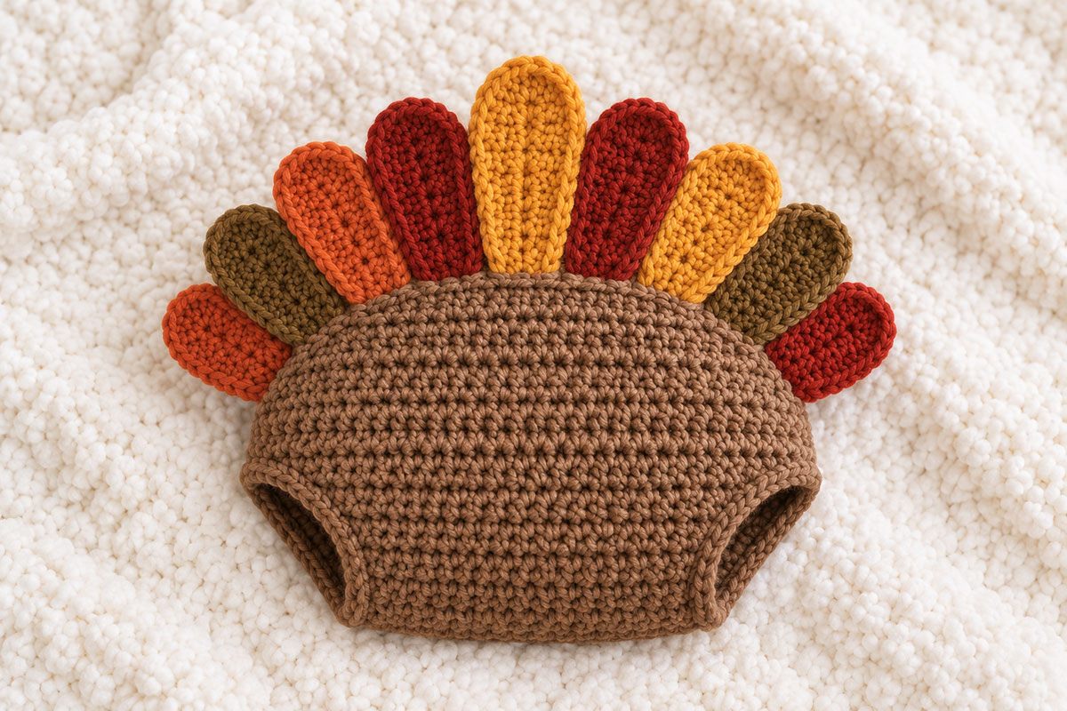 Back view of a brown crochet turkey diaper cover showing nine graduated fall colored feathers arranged across the back
