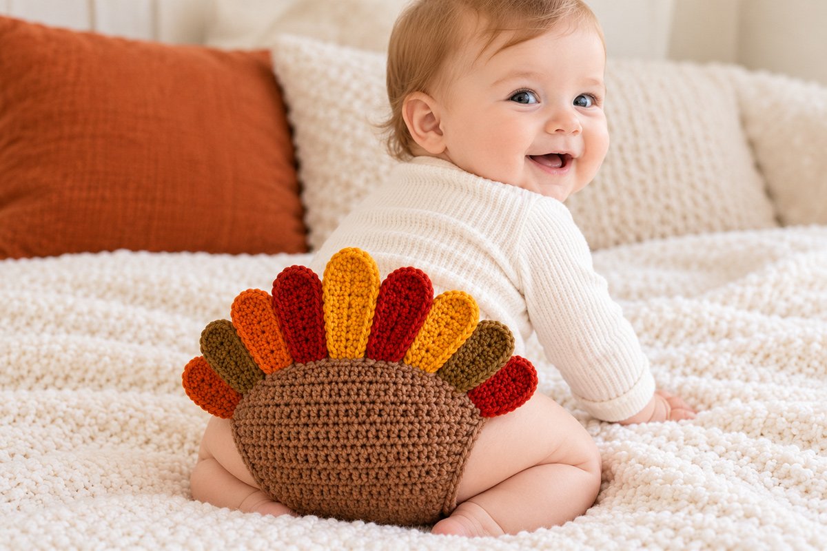Baby wearing a warm brown crochet turkey diaper cover with colorful Thanksgiving feathers