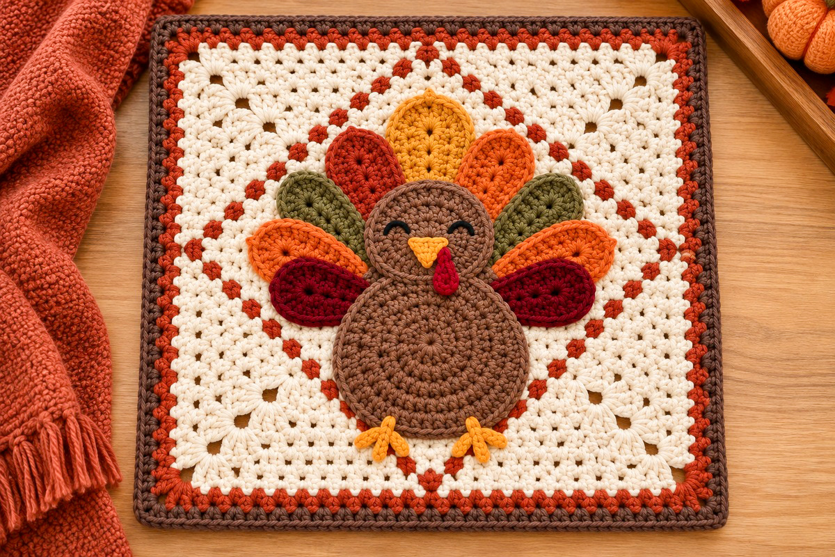 Finished crochet turkey granny square with nine colorful autumn tail feathers sleepy embroidered eyes brown rounded body and rust diamond frame on an oatmeal background