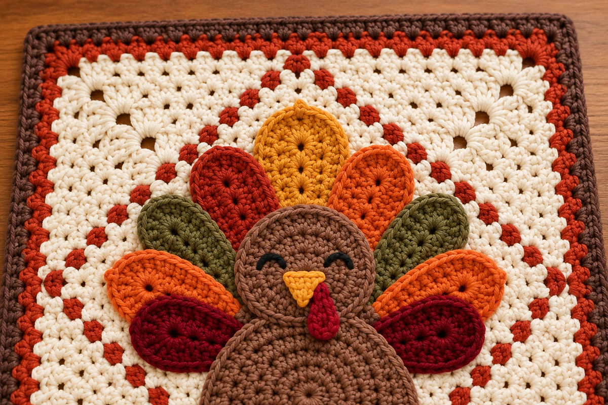 Finished crochet turkey granny square showing nine overlapping autumn-colored tail feathers arranged behind a small brown head with embroidered sleepy eyes