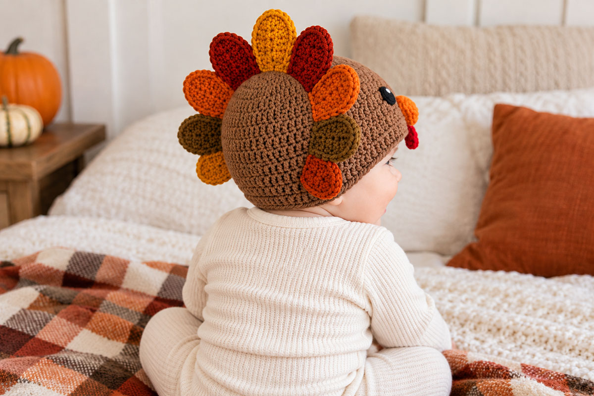 Brown crochet turkey baby hat viewed from the back and side showing nine graduated crochet feathers arranged around the crown