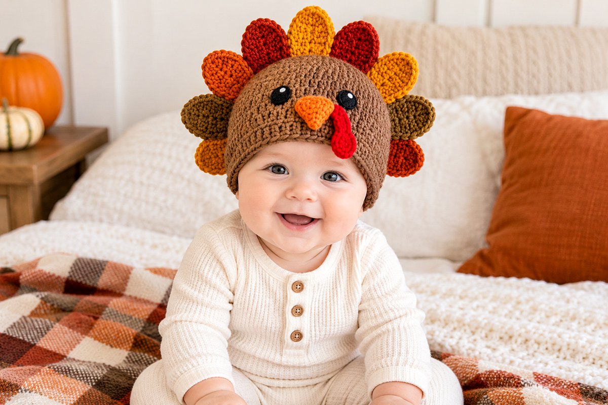 Baby wearing a brown crochet turkey hat with embroidered eyes, orange beak, red wattle and colorful Thanksgiving feathers