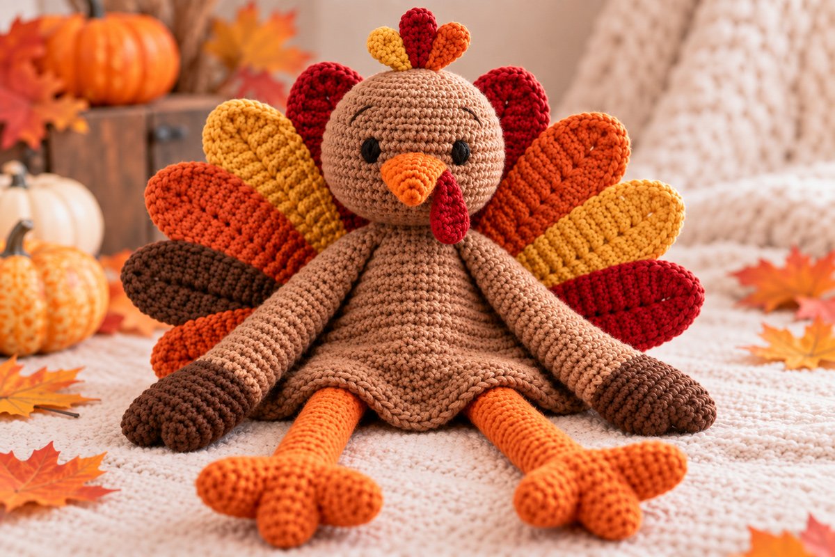 Crochet turkey lovey with floppy snuggler body embroidered eyes and colorful fall tail feathers