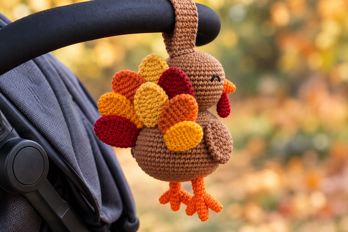 Crochet turkey stroller toy showing the short brown attachment strap secured around the stroller handle