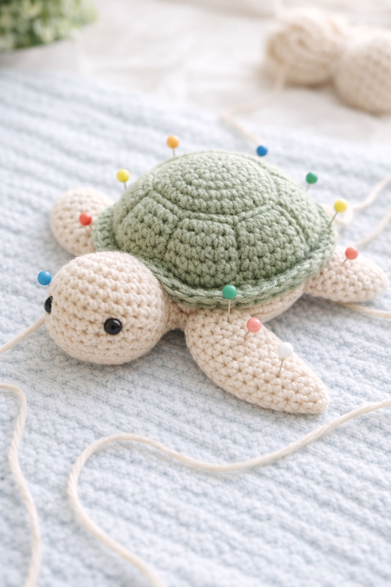 Crochet sea turtle pieces pinned in place showing exact flipper and head positioning before stitching