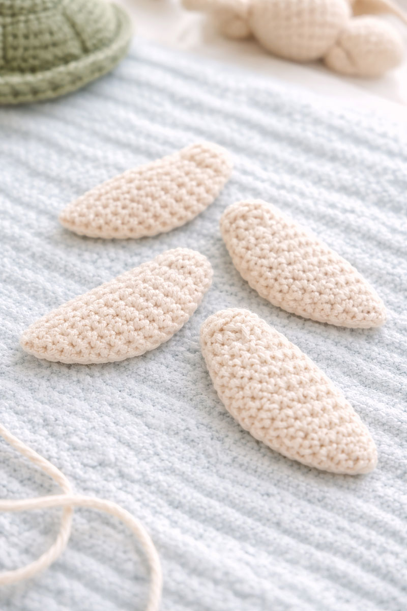 Crochet turtle flippers arranged flat showing tapered shape and consistent sizing