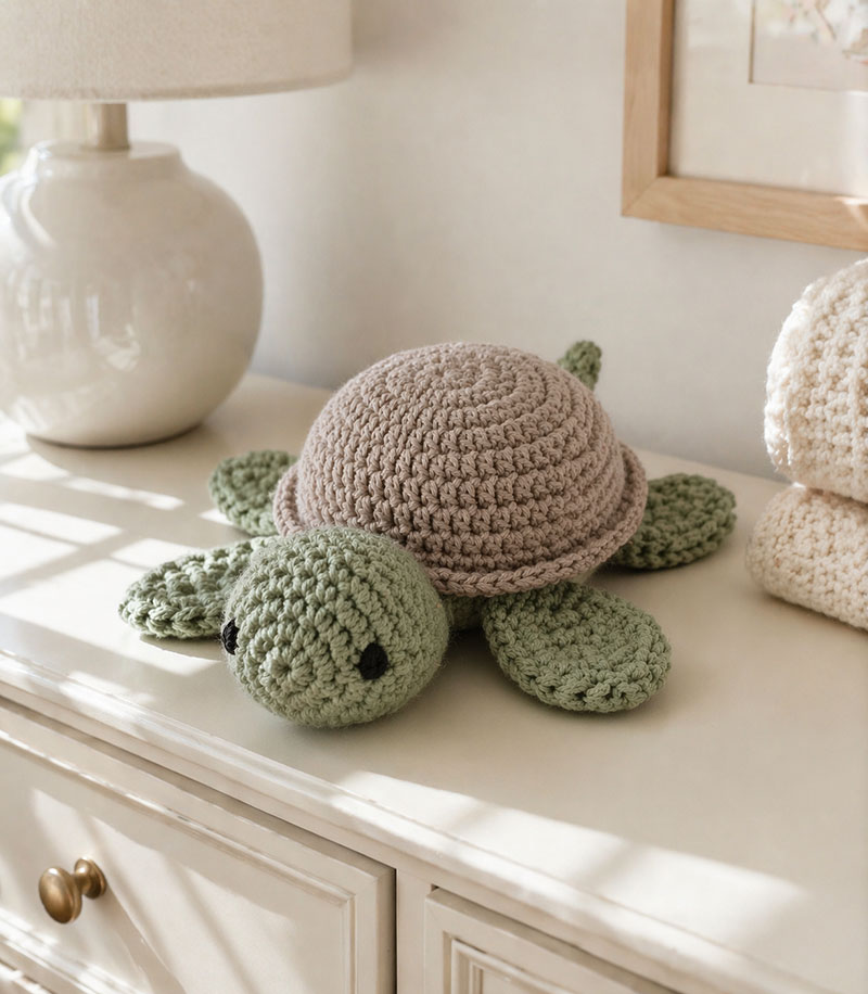 Crochet turtle lovey pattern shown on a nursery dresser with the rounded shell and short flippers clearly visible