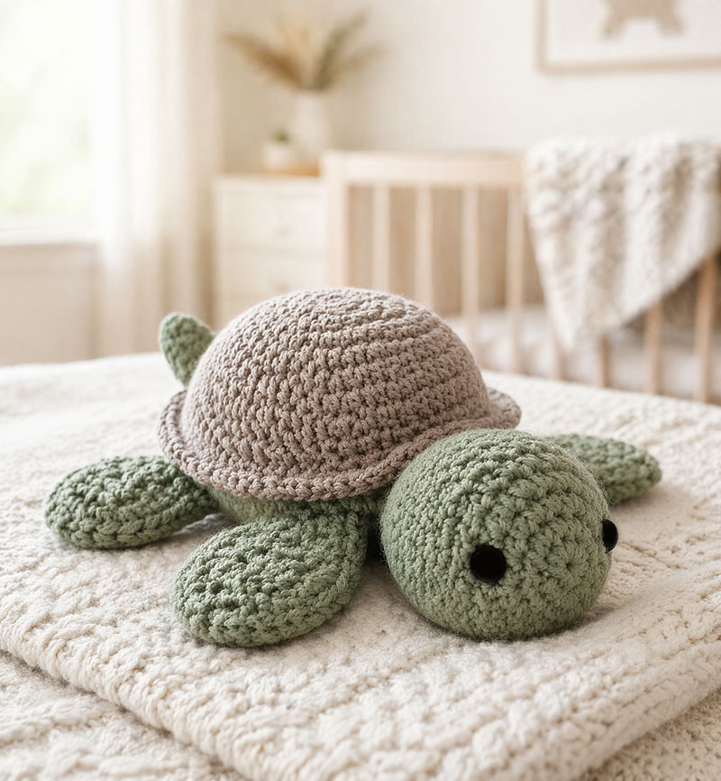 Crochet turtle lovey pattern with a small plush turtle body, rounded shell, four short flippers, a simple head and tail, and a soft baby-friendly snuggler shape