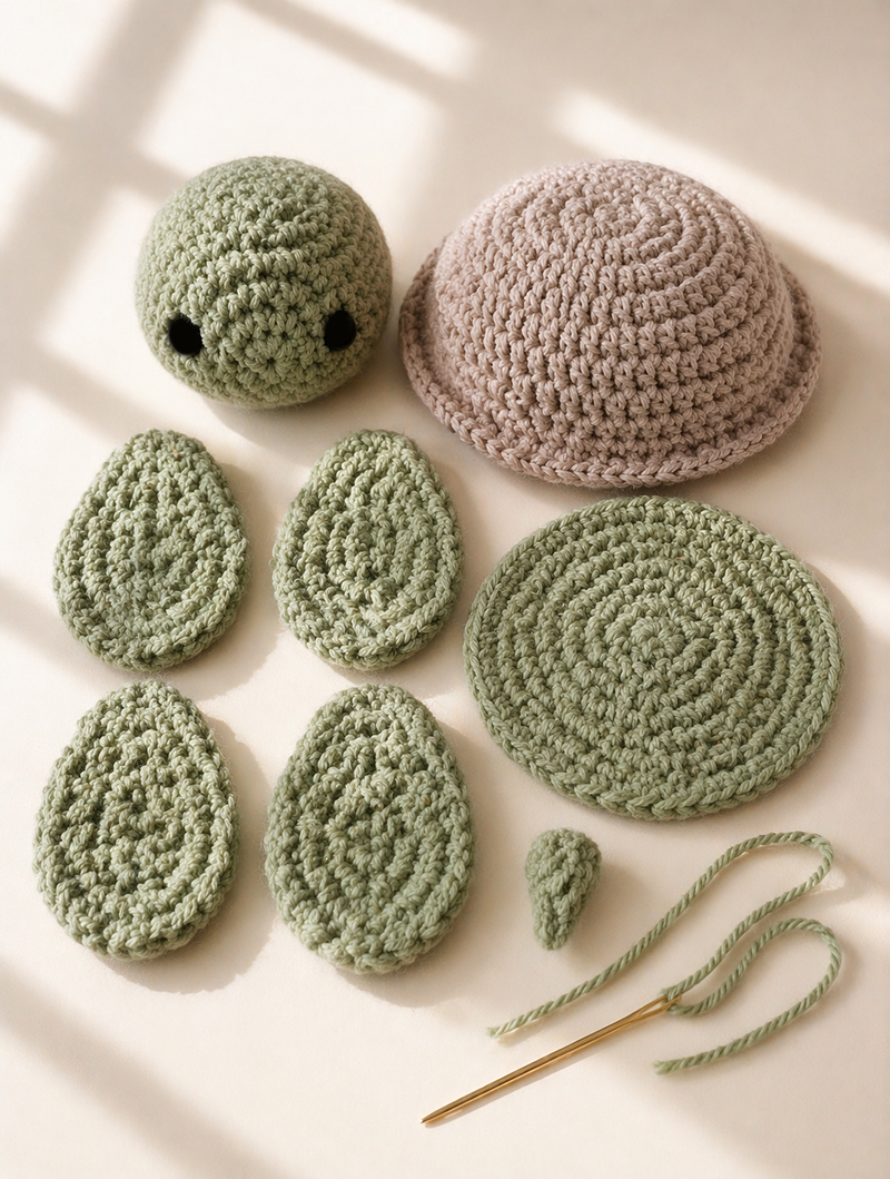 Crochet turtle lovey pattern pieces laid out before assembly including head shell bottom shell flippers and tail