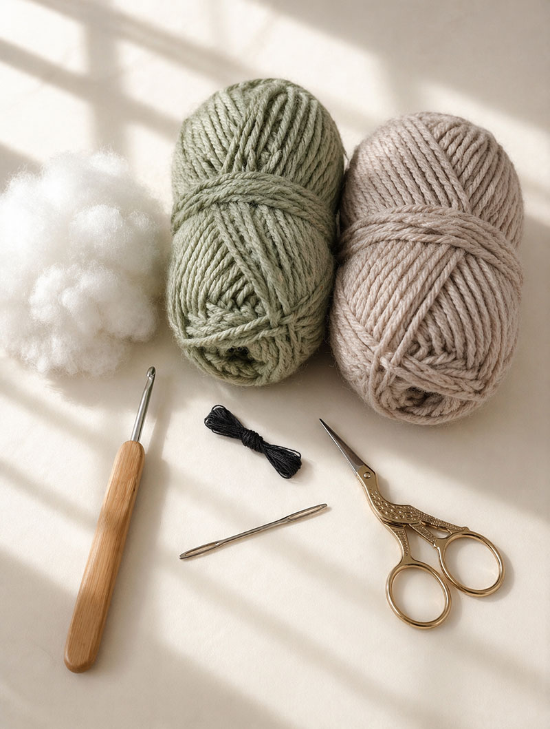 Crochet turtle lovey pattern supplies including yarn hook stuffing needle and scissors arranged on a clean surface