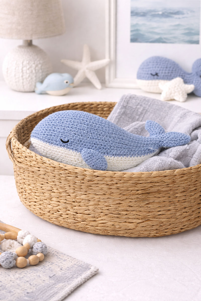 Flat crochet whale lovey styled in a modern ocean themed nursery