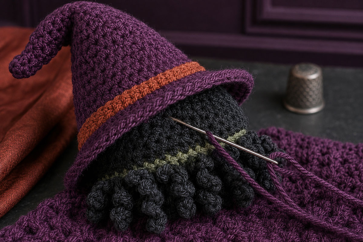 Plum witch hat brim stitched through the black hair cap and a shallow green head stitch