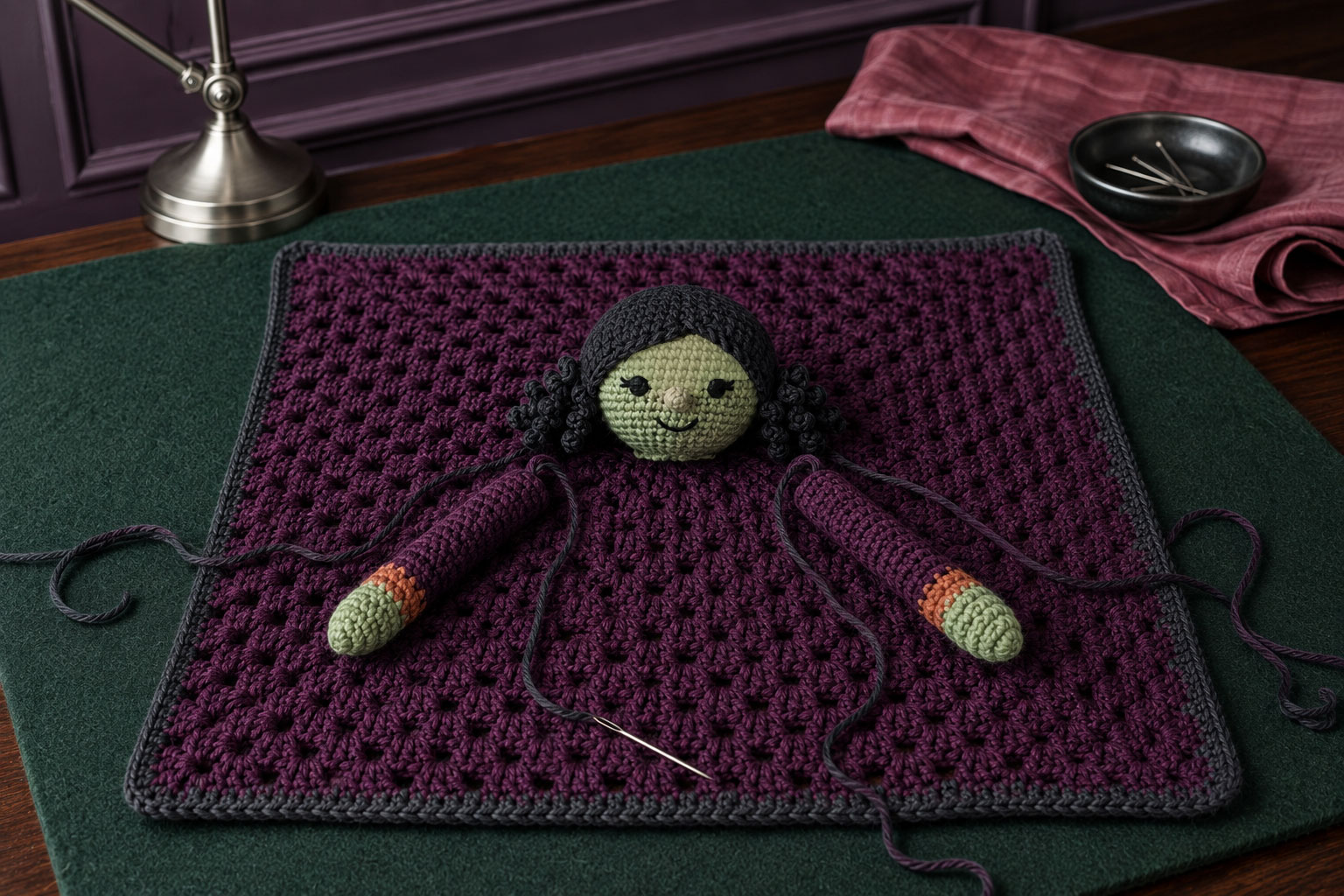 Crochet witch head and arms positioned at the center of the granny-square lovey before final assembly