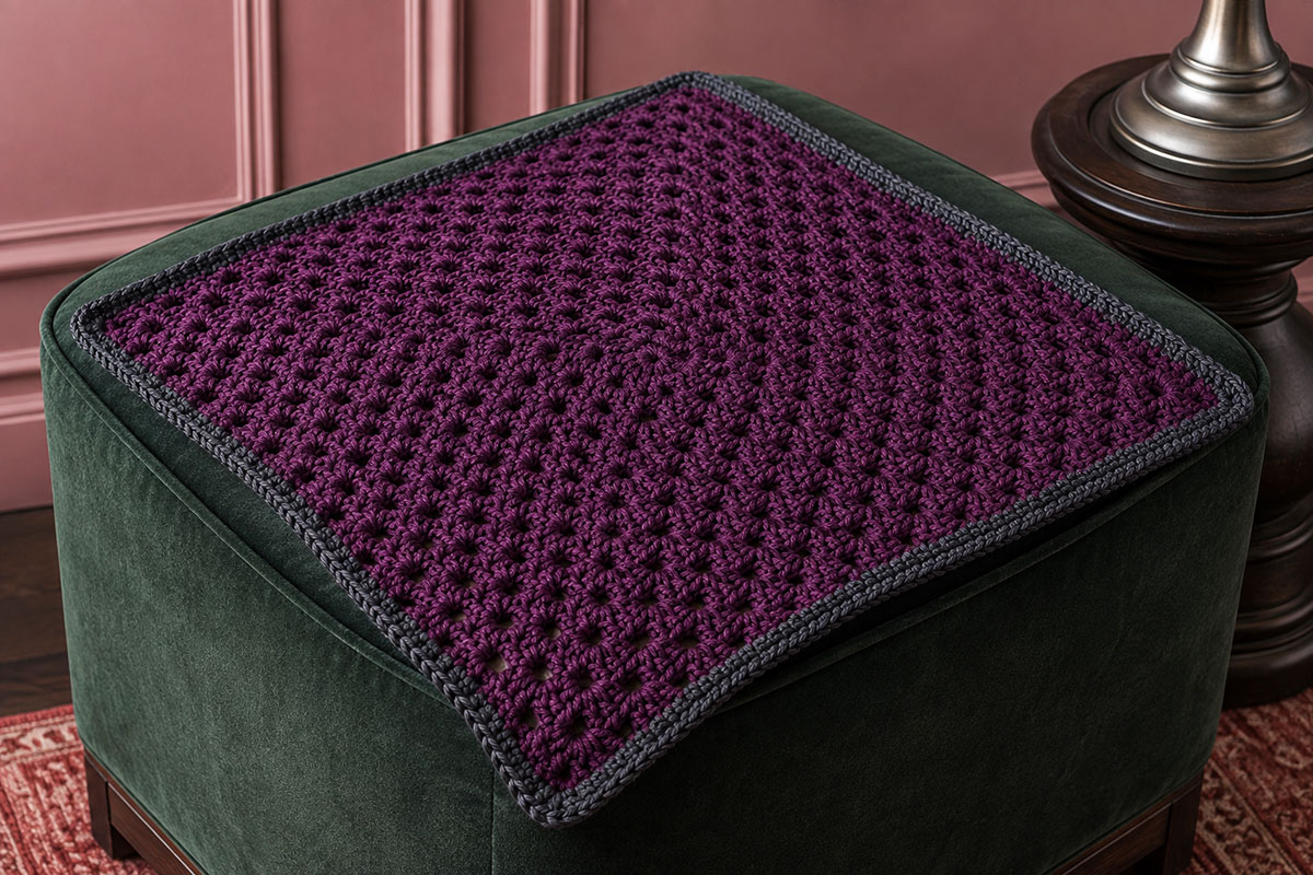 Deep plum granny-square crochet lovey blanket with a neat charcoal border