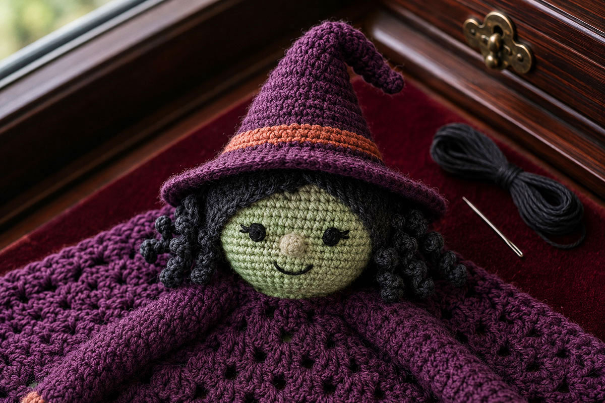 Close view of the crochet witch lovey green face with open embroidered eyes and a small stitched smile