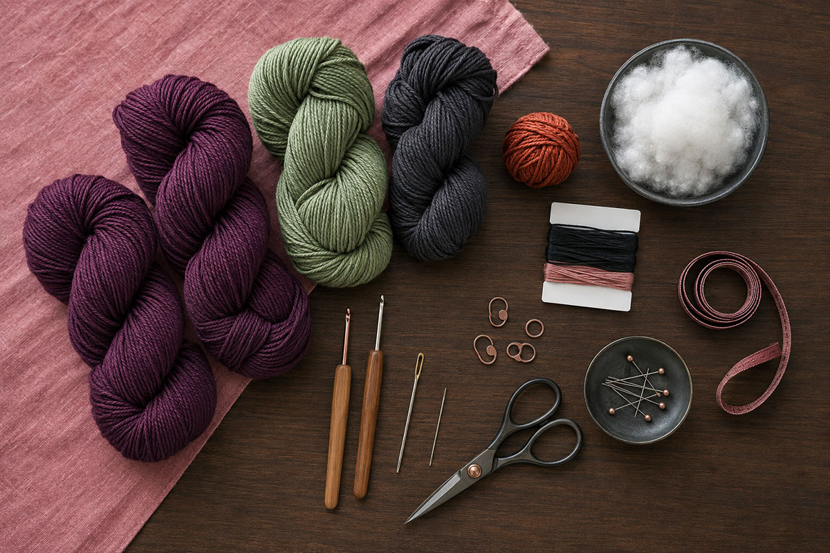 Worsted-weight yarn, crochet hooks and embroidered witch lovey supplies arranged for the free pattern