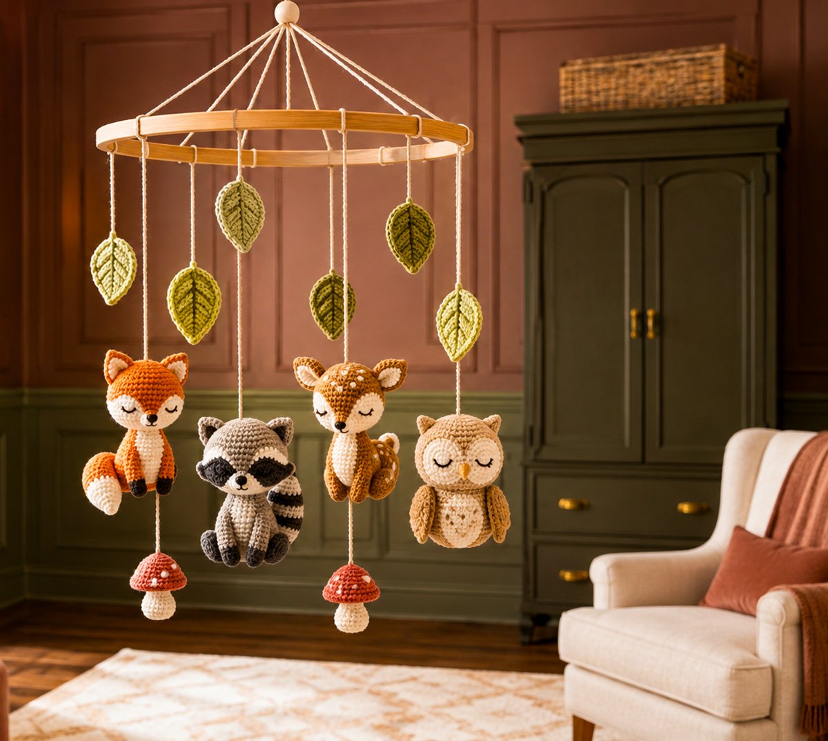 Crochet woodland animal baby mobile with forest animals, mushrooms and leaves